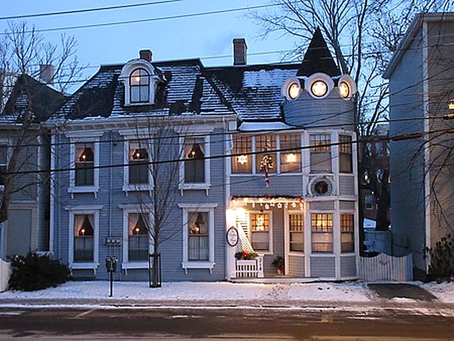 The Duchess of Kent Inn in winter, showing the turret and mansard roof