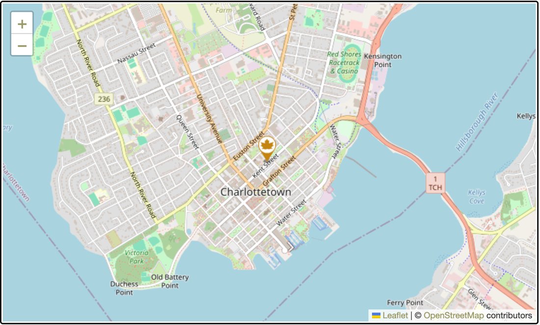 Map of downtown Charlottetown showing the inn's location on Kent Street